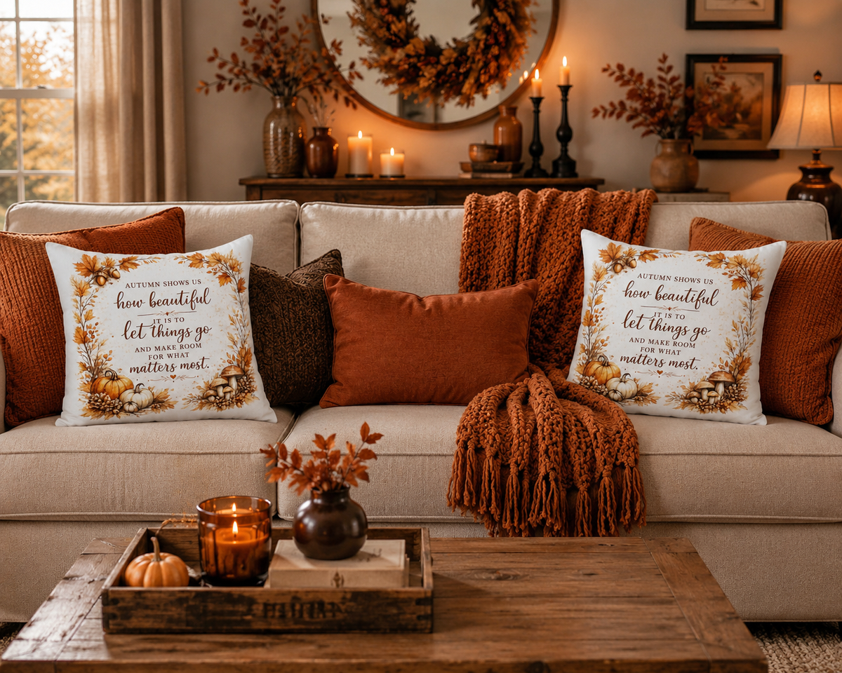 Autumn Leaves Decorative Pillow - "Autumn shows us how beautiful it is to let things go" Fall Throw Pillow