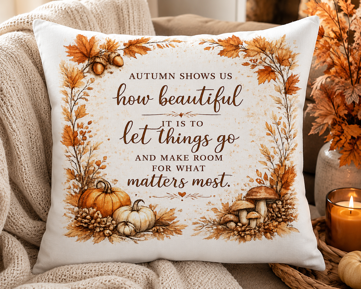 Autumn Leaves Decorative Pillow - "Autumn shows us how beautiful it is to let things go" Fall Throw Pillow